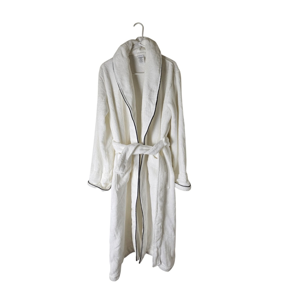 Williams Sonoma Home Cotton Terry Bath Robe Black Piping‎ Trim Quiet Luxury - Picture 8 of 11